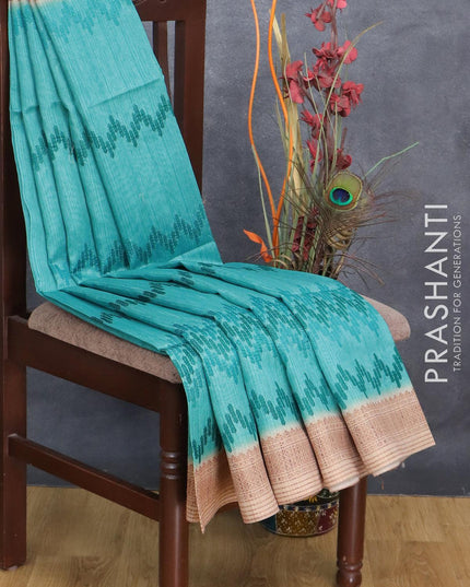 Semi tussar saree teal blue and beige with allover embroidery work and printed border - {{ collection.title }} by Prashanti Sarees