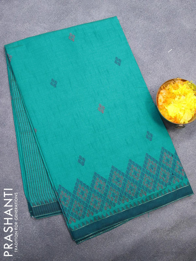 Semi tussar saree teal blue and peacock blue with embroidery work and simple border - {{ collection.title }} by Prashanti Sarees