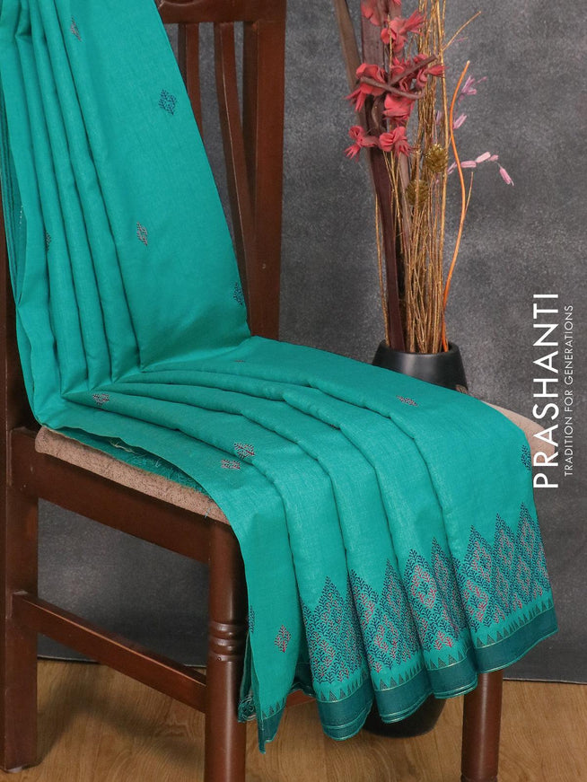 Semi tussar saree teal blue and peacock blue with embroidery work and simple border - {{ collection.title }} by Prashanti Sarees