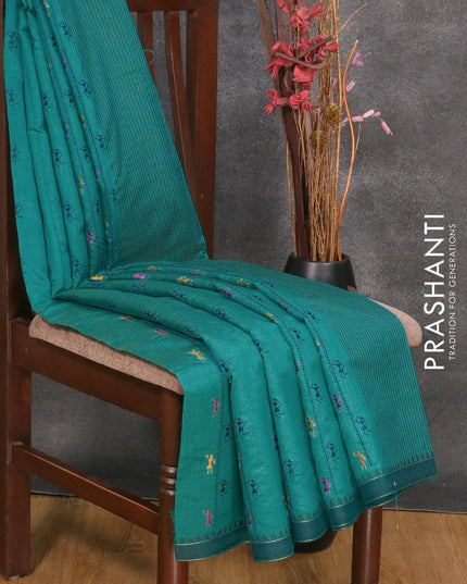 Semi tussar saree teal blue and peacock green with allover embroidery work and simple border - {{ collection.title }} by Prashanti Sarees