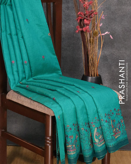 Semi tussar saree teal blue and peacock green with embroidery work and simple border - {{ collection.title }} by Prashanti Sarees