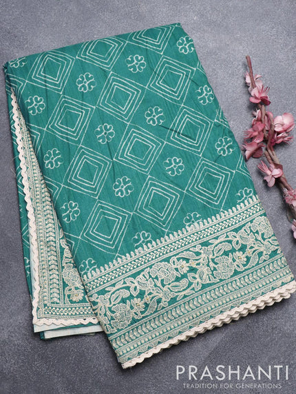 Semi tussar saree teal blue with allover geometric prints and embroidery work border - {{ collection.title }} by Prashanti Sarees