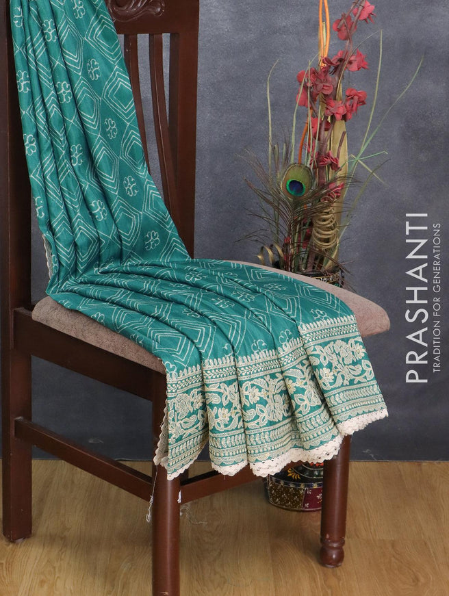 Semi tussar saree teal blue with allover geometric prints and embroidery work border - {{ collection.title }} by Prashanti Sarees