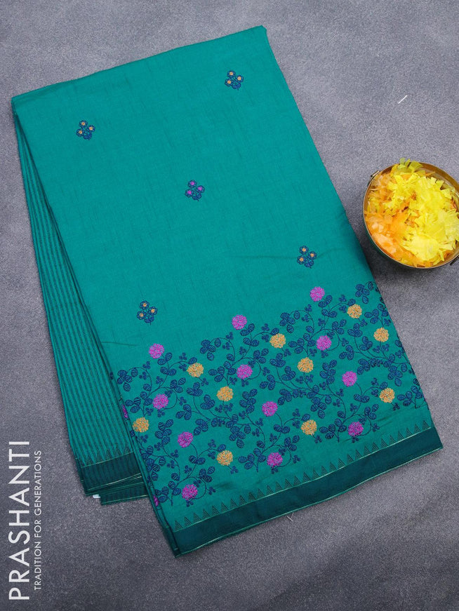 Semi tussar saree teal blue with embroidery work and simple border - {{ collection.title }} by Prashanti Sarees