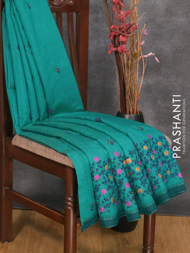 Semi tussar saree teal blue with embroidery work and simple border - {{ collection.title }} by Prashanti Sarees