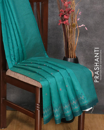 Semi tussar saree teal green and dark peacock green with embroidery work and simple border - {{ collection.title }} by Prashanti Sarees