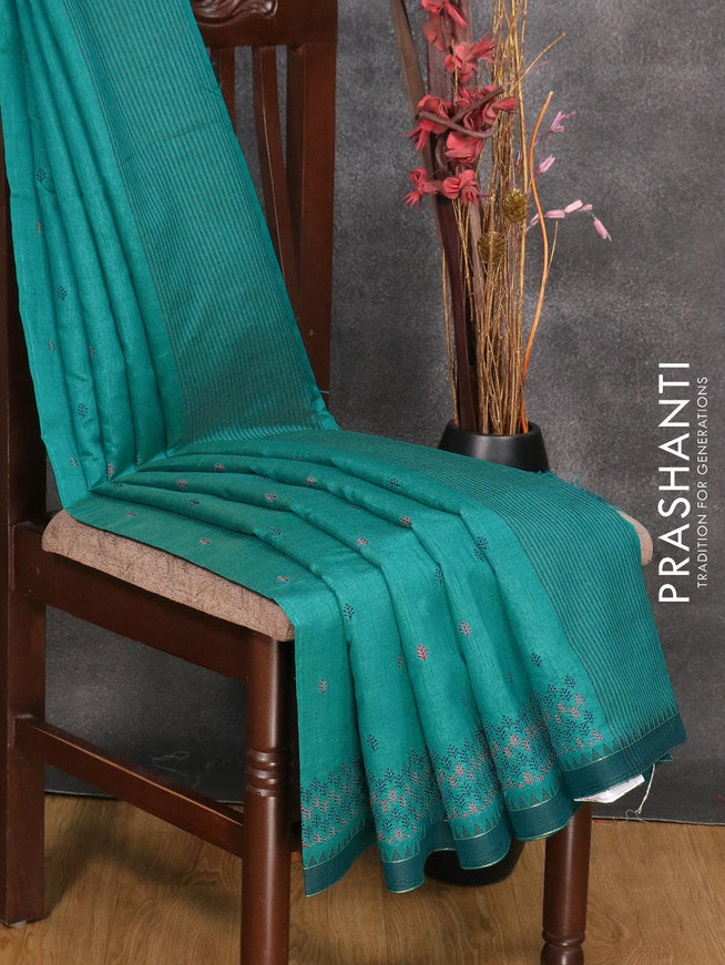 Semi tussar saree teal green and dark peacock green with embroidery work and simple border - {{ collection.title }} by Prashanti Sarees
