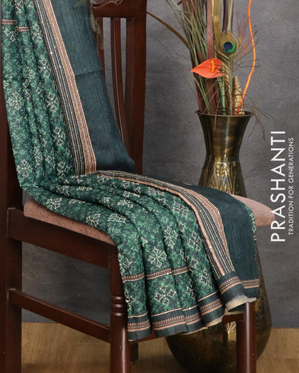 Semi tussar saree teal green and elephant grey with allover prints & kantha stitch work and simple border - {{ collection.title }} by Prashanti Sarees