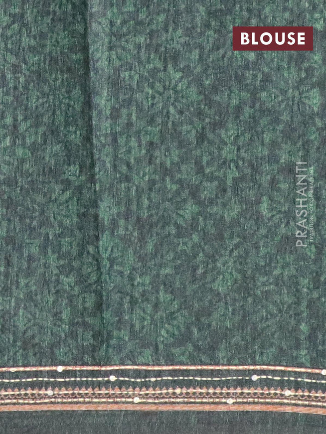 Semi tussar saree teal green and elephant grey with allover prints & kantha stitch work and simple border - {{ collection.title }} by Prashanti Sarees