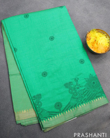 Semi tussar saree teal green with embroidery work and simple border - {{ collection.title }} by Prashanti Sarees