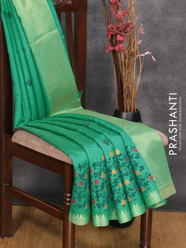 Semi tussar saree teal green with embroidery work and simple border - {{ collection.title }} by Prashanti Sarees