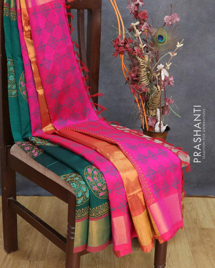 Silk cotton block printed partly saree dark green and pink with allover butta prints and zari woven border - {{ collection.title }} by Prashanti Sarees