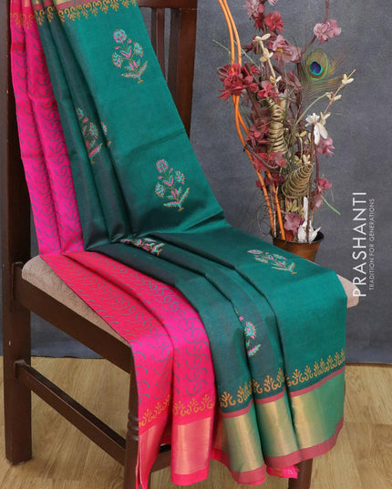 Silk cotton block printed partly saree green and pink with allover floral prints and zari woven border - {{ collection.title }} by Prashanti Sarees