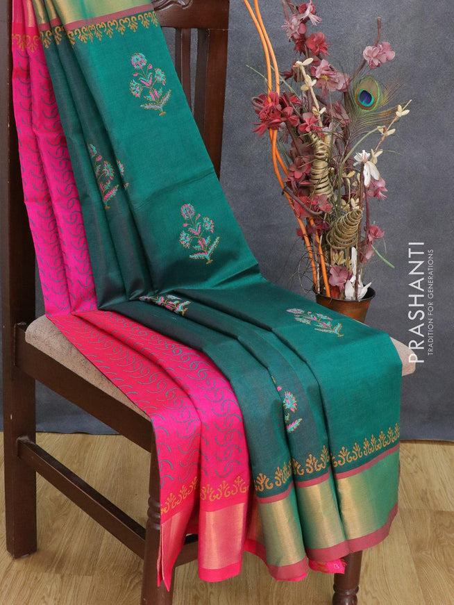 Silk cotton block printed partly saree green and pink with allover floral prints and zari woven border - {{ collection.title }} by Prashanti Sarees