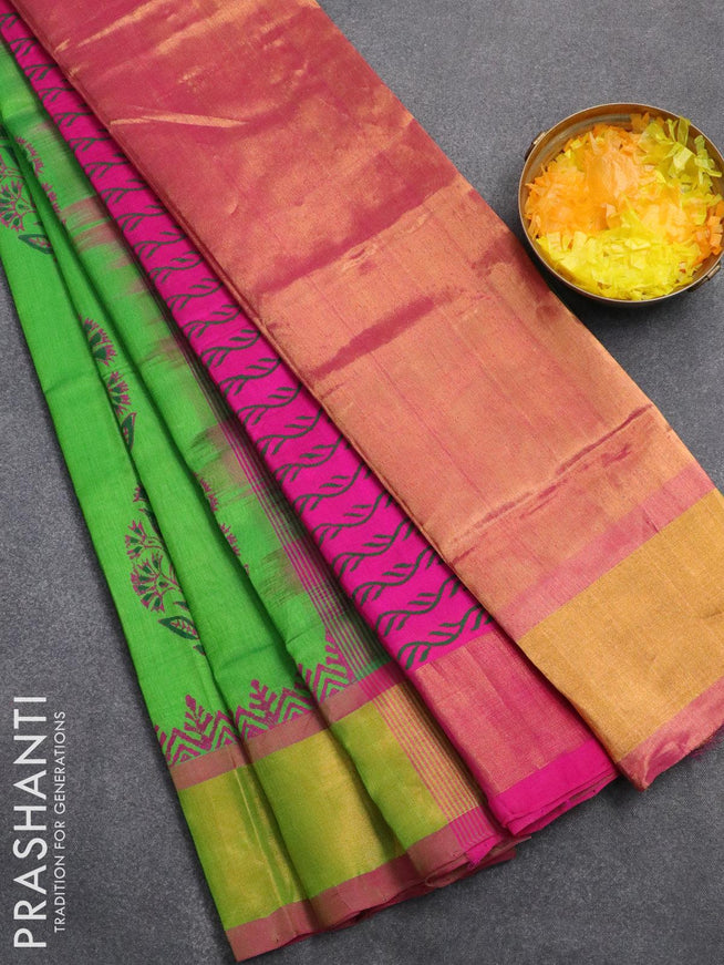 Silk cotton block printed partly saree green and pink with floral butta prints and zari woven border - {{ collection.title }} by Prashanti Sarees