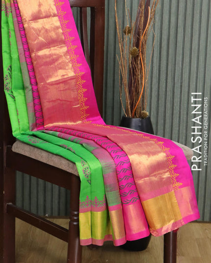 Silk cotton block printed partly saree green and pink with floral butta prints and zari woven border - {{ collection.title }} by Prashanti Sarees