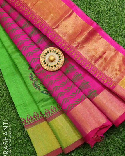 Silk cotton block printed partly saree light green and pink with butta prints and zari woven border - {{ collection.title }} by Prashanti Sarees