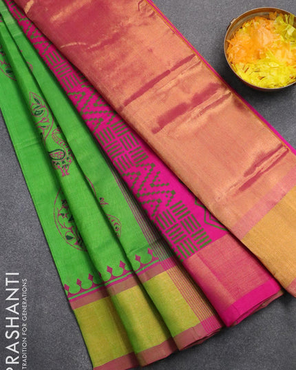 Silk cotton block printed partly saree parrot green and pink with annam butta prints and zari woven border - {{ collection.title }} by Prashanti Sarees