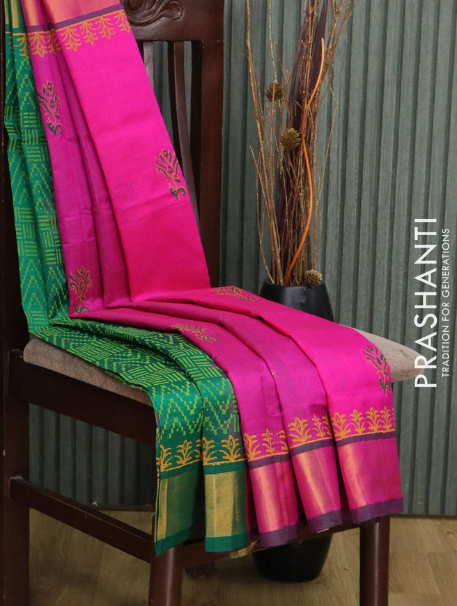 Silk cotton block printed partly saree pink and green with butta prints and zari woven border - {{ collection.title }} by Prashanti Sarees