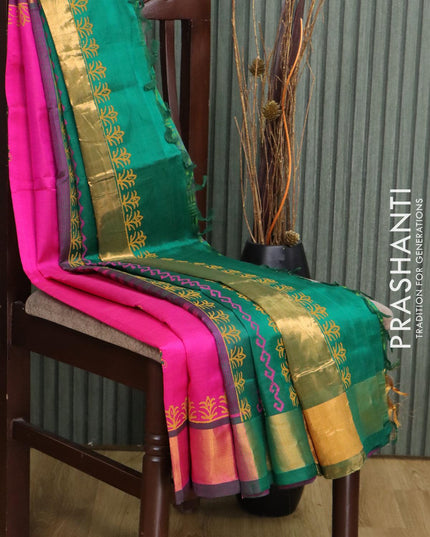 Silk cotton block printed partly saree pink and green with butta prints and zari woven border - {{ collection.title }} by Prashanti Sarees