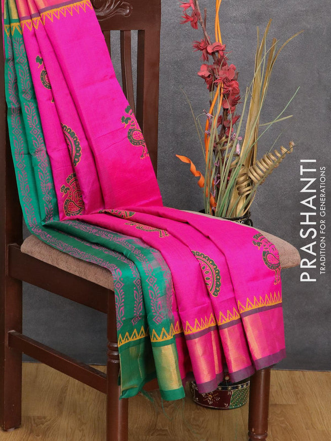 Silk cotton block printed partly saree pink and green with peacock butta prints and zari woven border - {{ collection.title }} by Prashanti Sarees