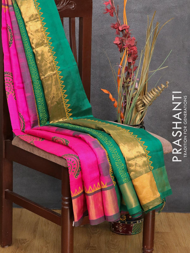 Silk cotton block printed partly saree pink and green with peacock butta prints and zari woven border - {{ collection.title }} by Prashanti Sarees