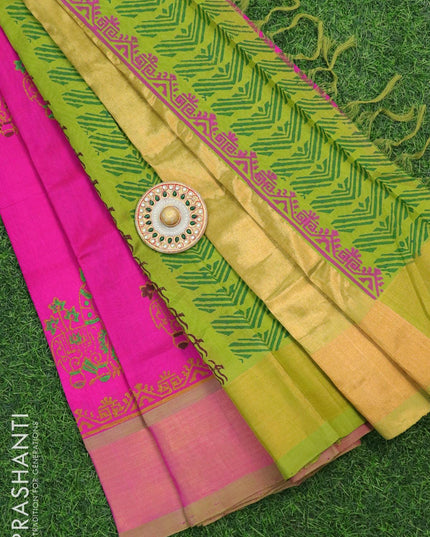 Silk cotton block printed partly saree pink and light green with allover butta prints and zari woven border - {{ collection.title }} by Prashanti Sarees