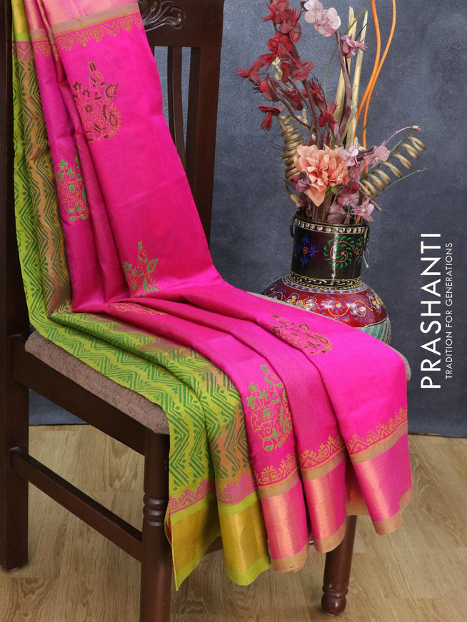 Silk cotton block printed partly saree pink and light green with allover butta prints and zari woven border - {{ collection.title }} by Prashanti Sarees
