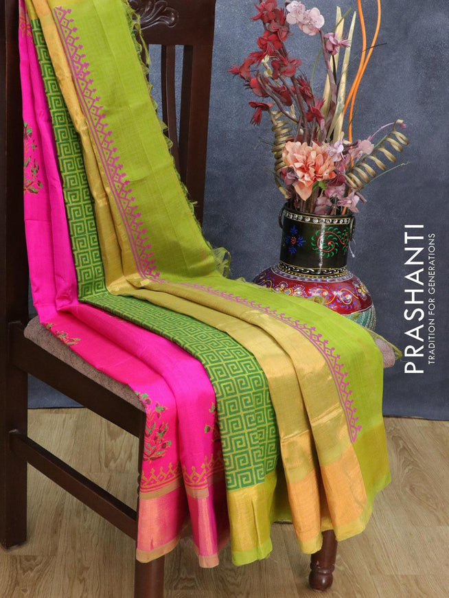 Silk cotton block printed partly saree pink and light green with allover floral prints and zari woven border - {{ collection.title }} by Prashanti Sarees