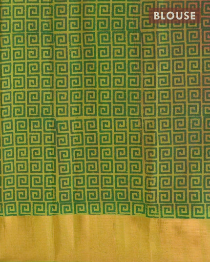 Silk cotton block printed partly saree pink and light green with allover floral prints and zari woven border - {{ collection.title }} by Prashanti Sarees