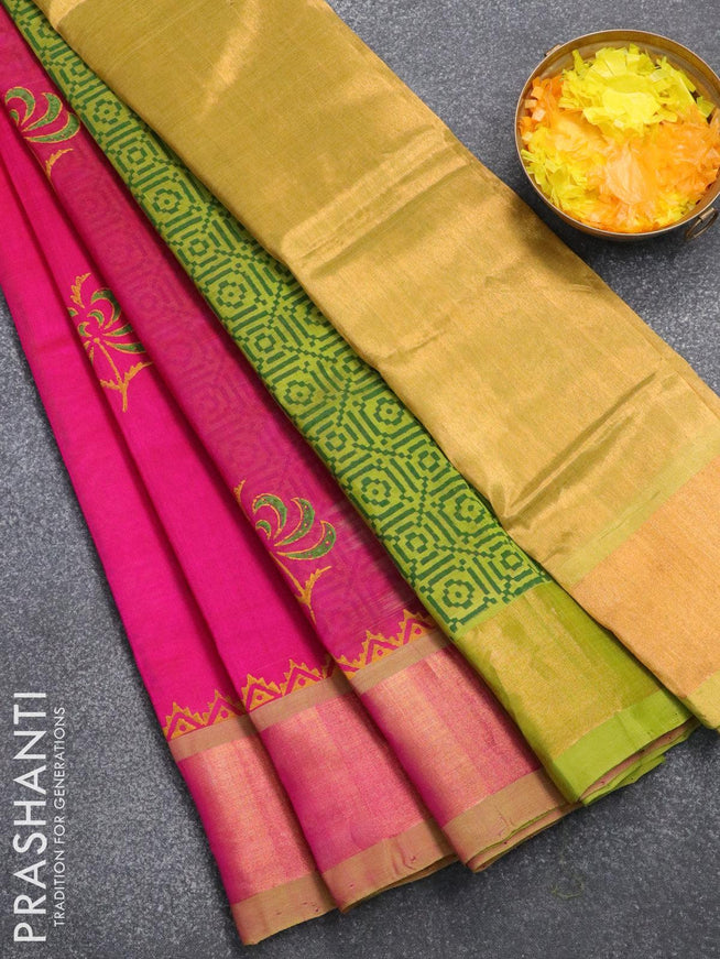 Silk cotton block printed partly saree pink and light green with floal butta prints and zari woven border - {{ collection.title }} by Prashanti Sarees