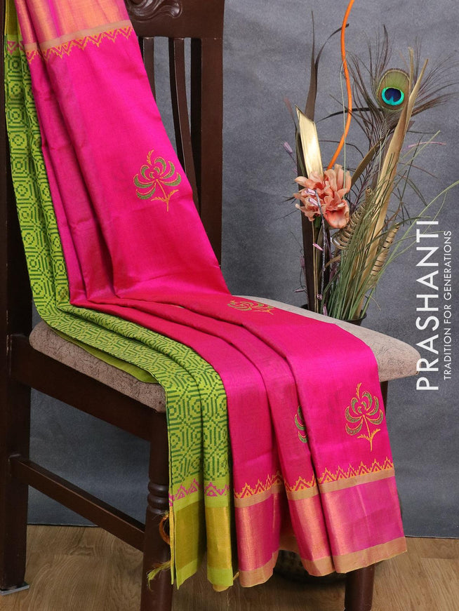 Silk cotton block printed partly saree pink and light green with floal butta prints and zari woven border - {{ collection.title }} by Prashanti Sarees