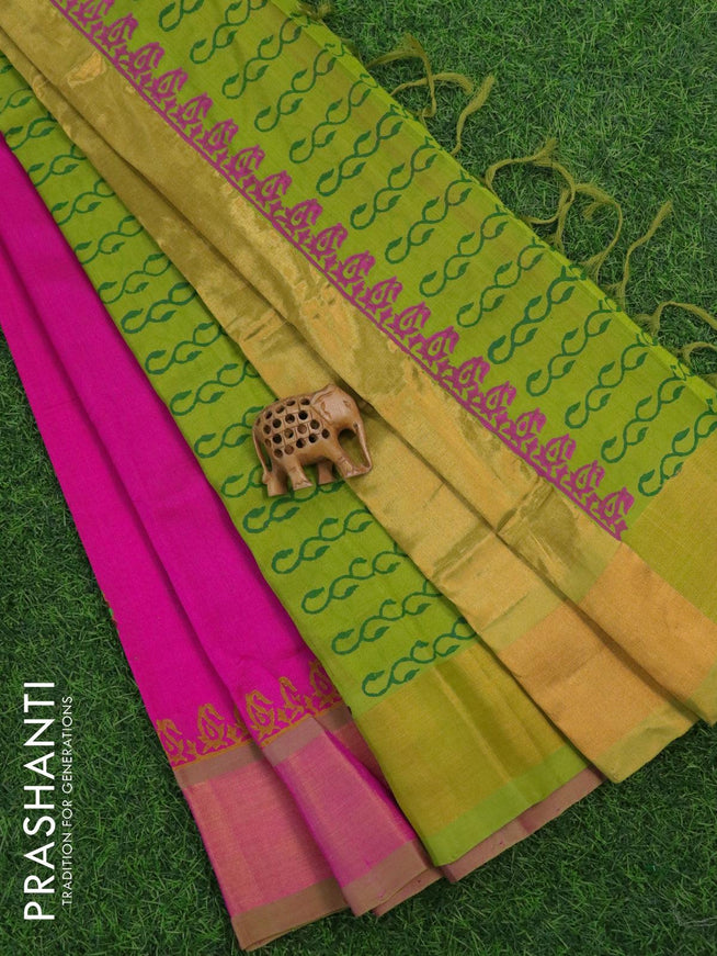 Silk cotton block printed partly saree pink and light green with paisley butta prints and zari woven border - {{ collection.title }} by Prashanti Sarees