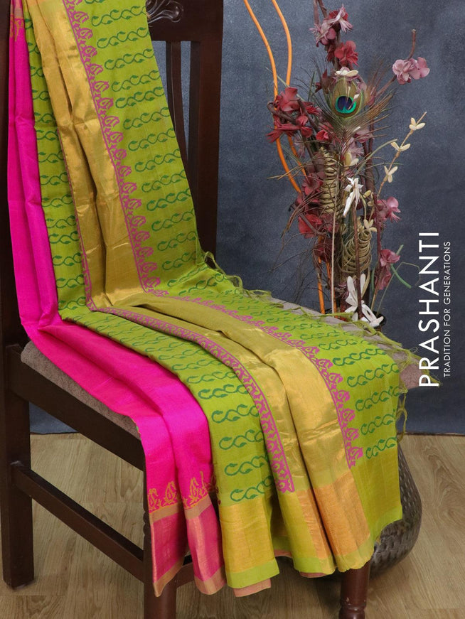 Silk cotton block printed partly saree pink and light green with paisley butta prints and zari woven border - {{ collection.title }} by Prashanti Sarees