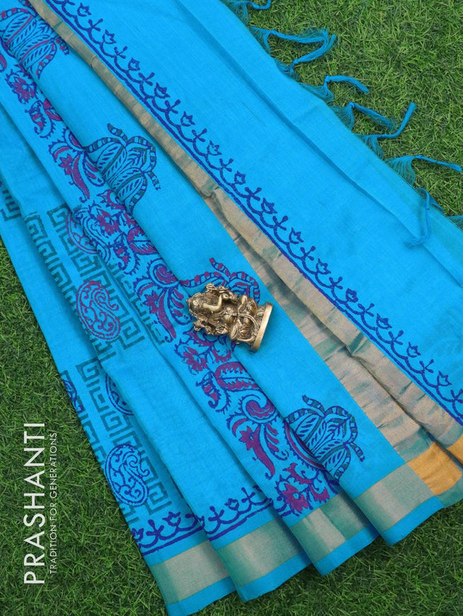 Silk cotton block printed saree blue with allover butta prints and small zari woven border - {{ collection.title }} by Prashanti Sarees