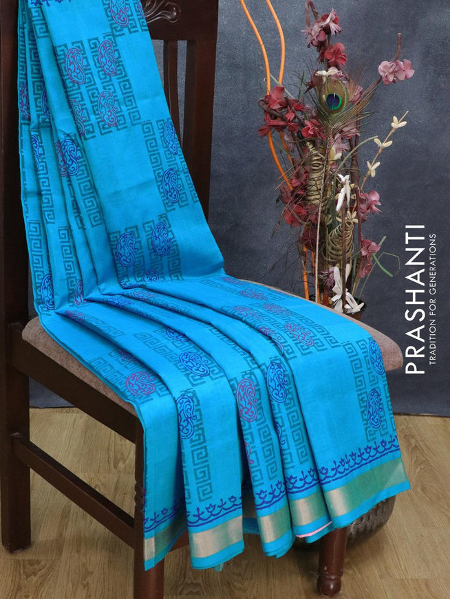 Silk cotton block printed saree blue with allover butta prints and small zari woven border - {{ collection.title }} by Prashanti Sarees