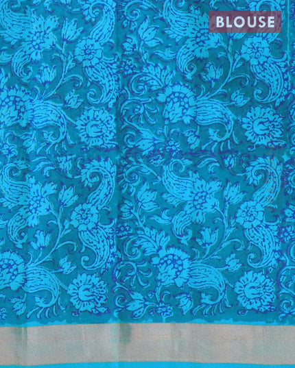 Silk cotton block printed saree blue with allover prints and small zari woven border - {{ collection.title }} by Prashanti Sarees