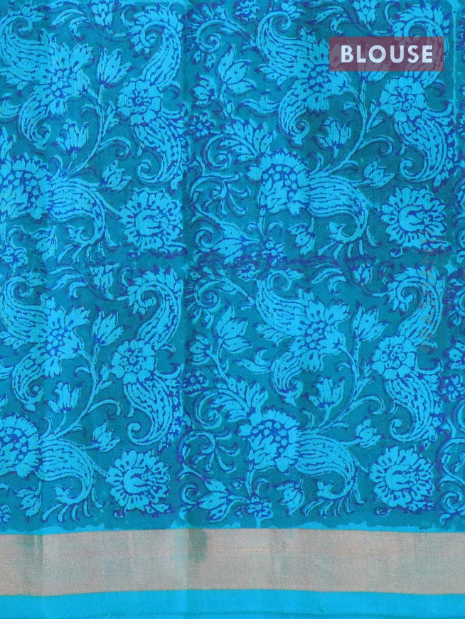 Silk cotton block printed saree blue with allover prints and small zari woven border - {{ collection.title }} by Prashanti Sarees