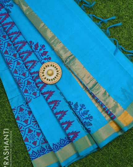 Silk cotton block printed saree cs blue with allover prints and zari woven border - {{ collection.title }} by Prashanti Sarees