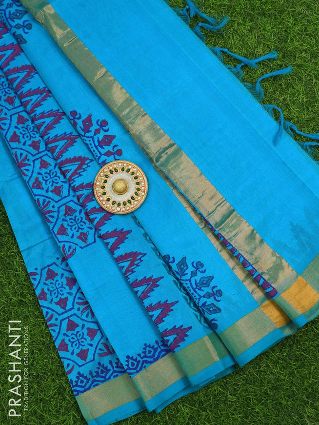 Silk cotton block printed saree cs blue with allover prints and zari woven border - {{ collection.title }} by Prashanti Sarees
