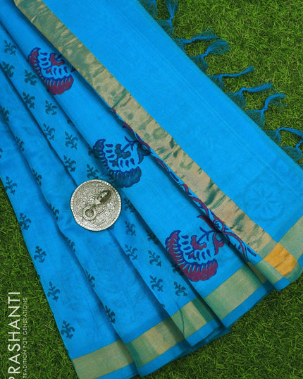Silk cotton block printed saree cs blue with floral butta prints and zari woven border - {{ collection.title }} by Prashanti Sarees