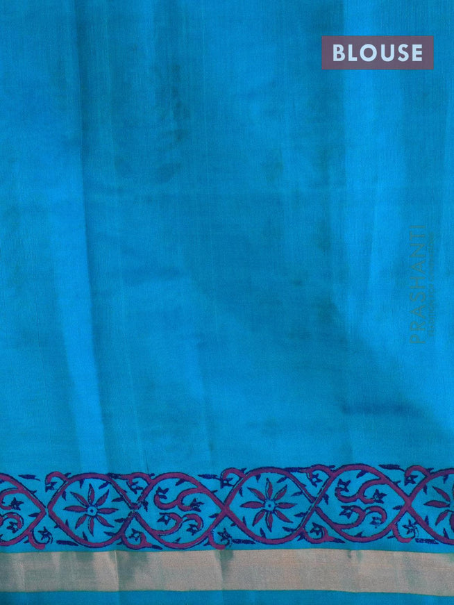 Silk cotton block printed saree cs blue with floral butta prints and zari woven border - {{ collection.title }} by Prashanti Sarees