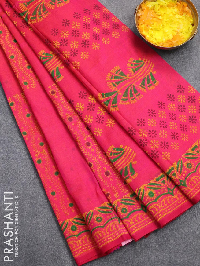 Silk cotton block printed saree dual shade of pinkish orange and pink with allover prints and printed border - {{ collection.title }} by Prashanti Sarees