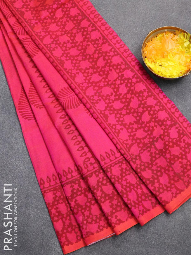 Silk cotton block printed saree dual shade of pinkish orange with leaf butta prints and printed border - {{ collection.title }} by Prashanti Sarees