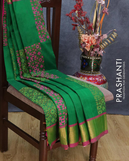 Silk cotton block printed saree green and pink with allover prints and zari woven border - {{ collection.title }} by Prashanti Sarees