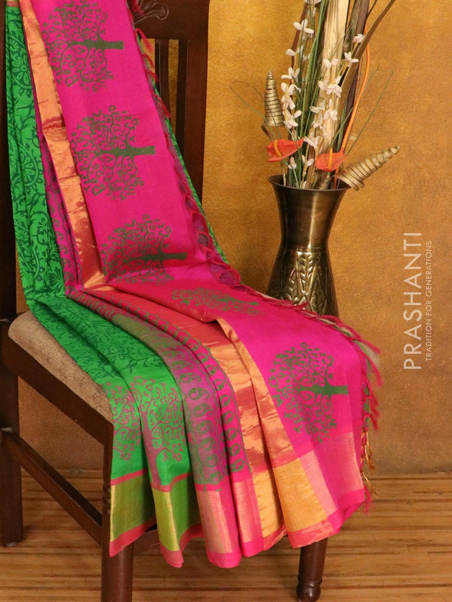 Silk cotton block printed saree green and pink with allover prints and zari woven border - {{ collection.title }} by Prashanti Sarees