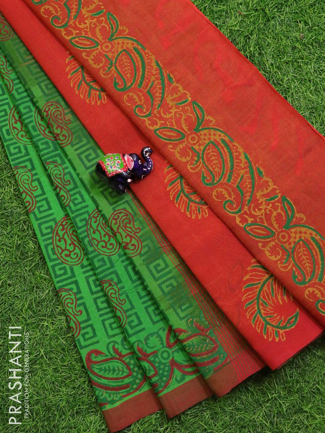 Silk cotton block printed saree green and red with allover prints and piping border - {{ collection.title }} by Prashanti Sarees