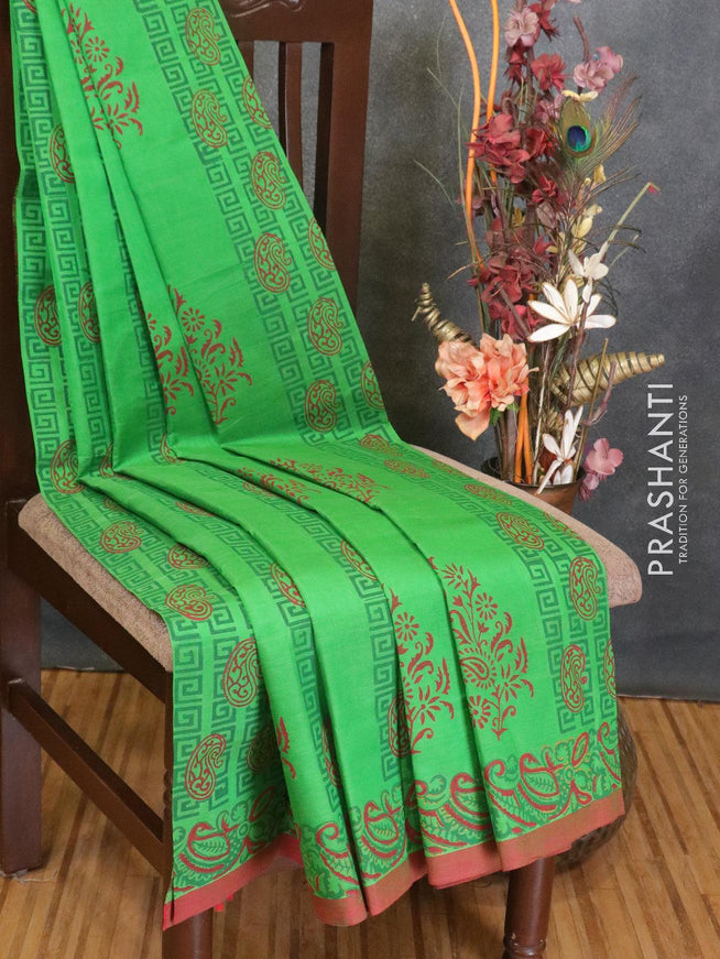 Silk cotton block printed saree green and red with allover prints and piping border - {{ collection.title }} by Prashanti Sarees