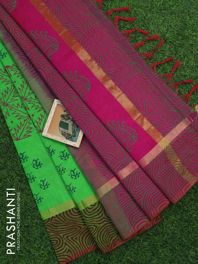 Silk cotton block printed saree green shade and pink with butta prints and zari woven printed border - {{ collection.title }} by Prashanti Sarees