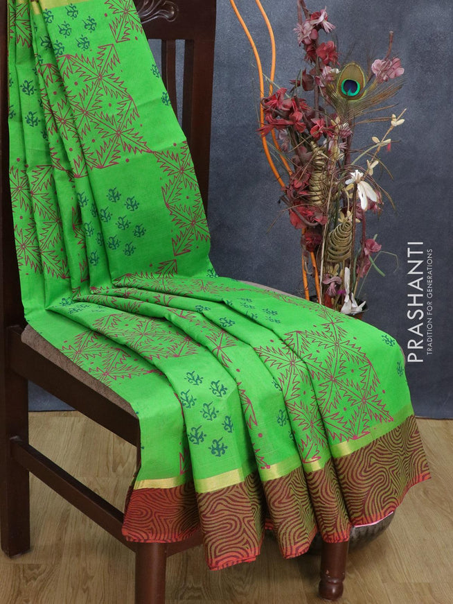 Silk cotton block printed saree green shade and pink with butta prints and zari woven printed border - {{ collection.title }} by Prashanti Sarees